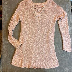 Motherhood Maternity Pink White Marled Knit Lace-Up Neck Sweater Pregnant